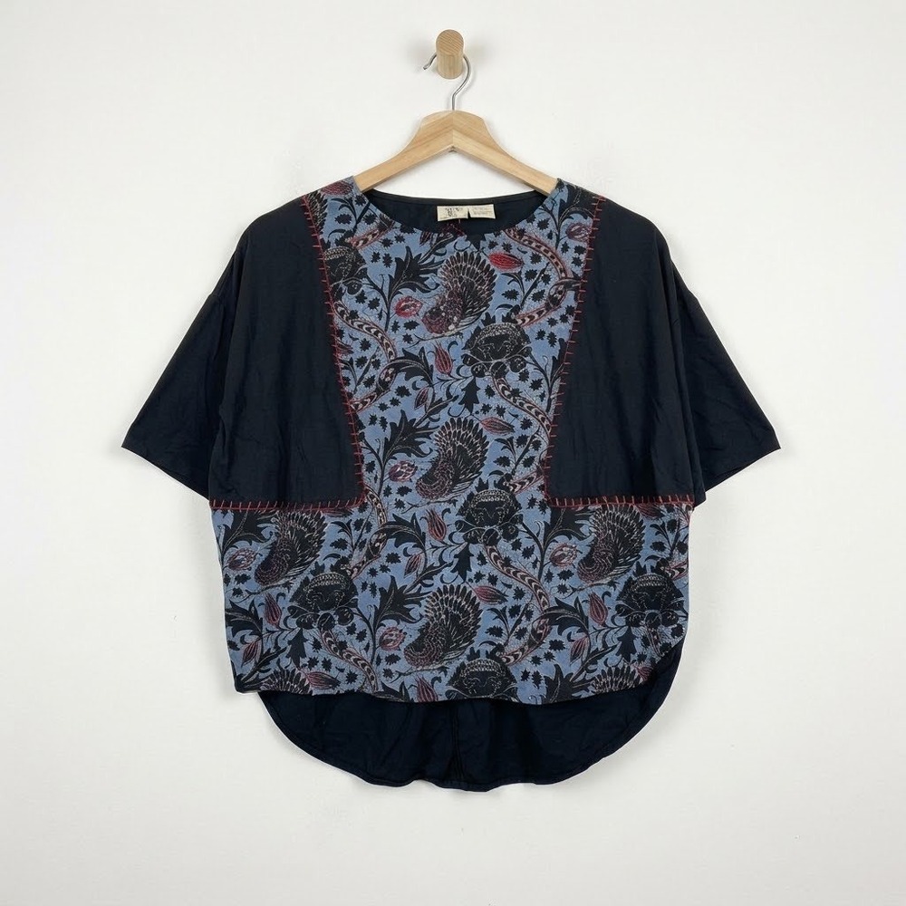 LA Blend Lagenlook Artsy Handcrafted Beaded Floral Patchwork Blouse Small Boxy